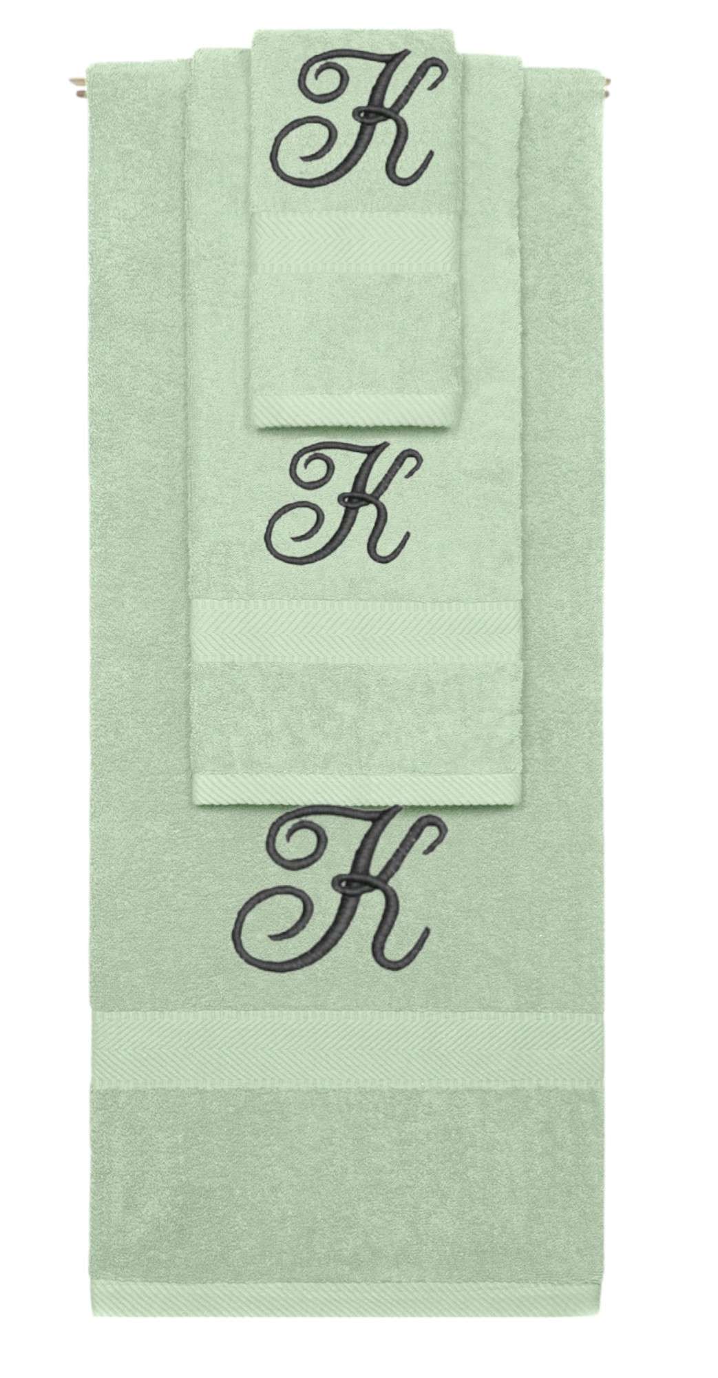 Mint Green monogrammed towel set with Black thread, Diana Script font, initial K - 540 GSM cotton 3-piece
