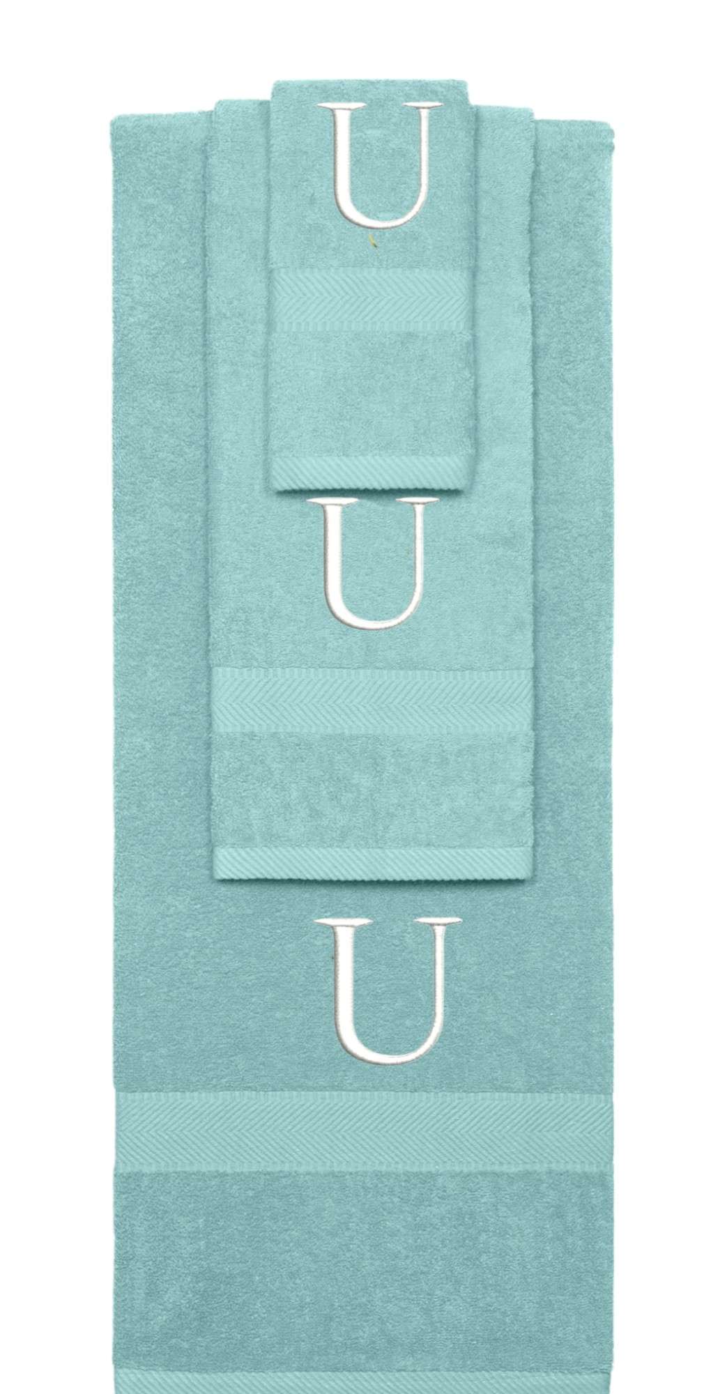 Nautical Teal monogrammed towel set with White thread, Times New Roman font, initial U - 540 GSM cotton 3-piece