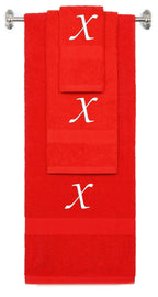 Red monogrammed towel set with White thread, Chancery font, initial X - 540 GSM cotton 3-piece