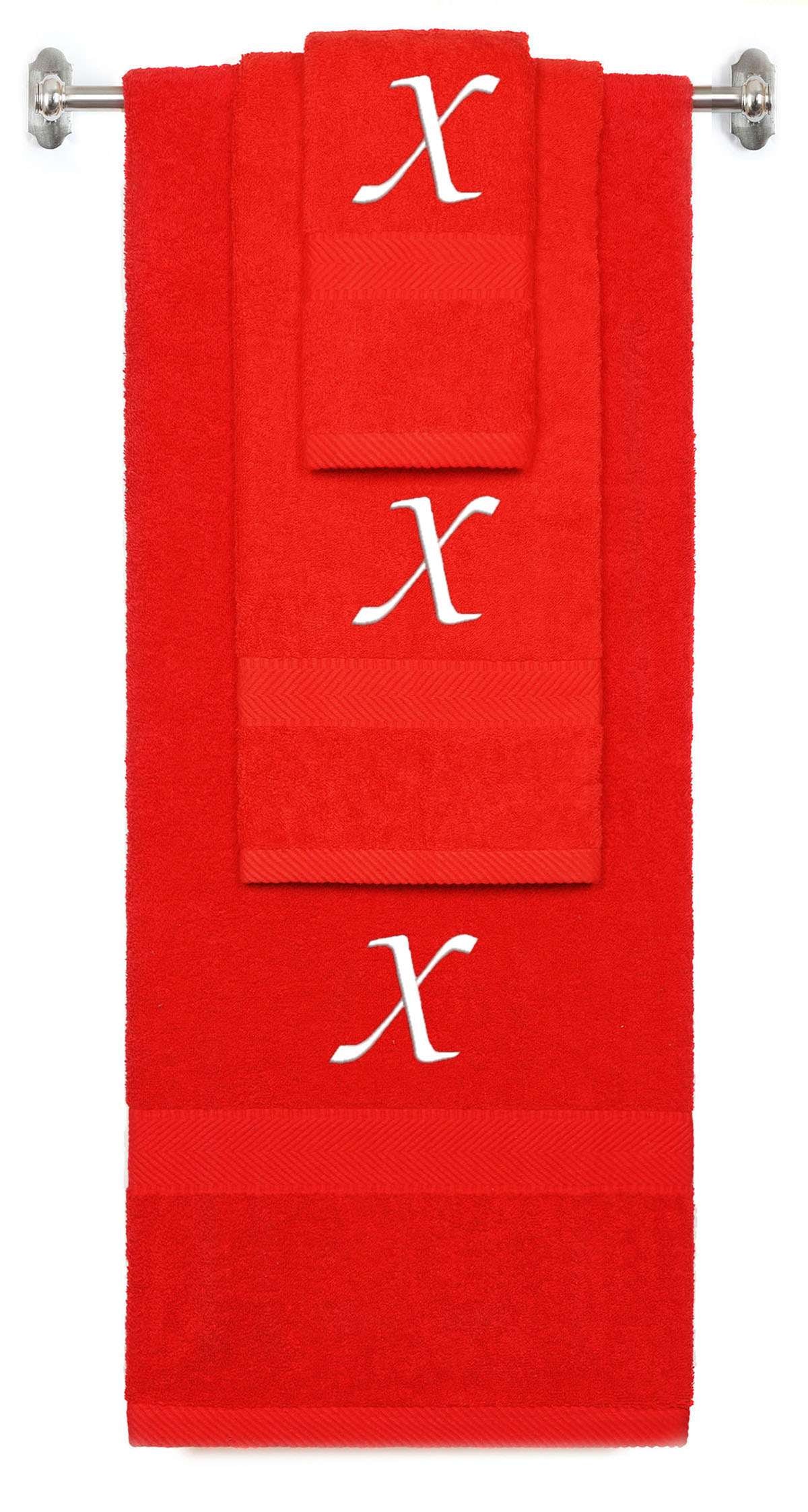 Red monogrammed towel set with White thread, Chancery font, initial X - 540 GSM cotton 3-piece