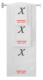 White monogrammed towel set with Black thread, Chancery font, initial X - 540 GSM cotton 3-piece