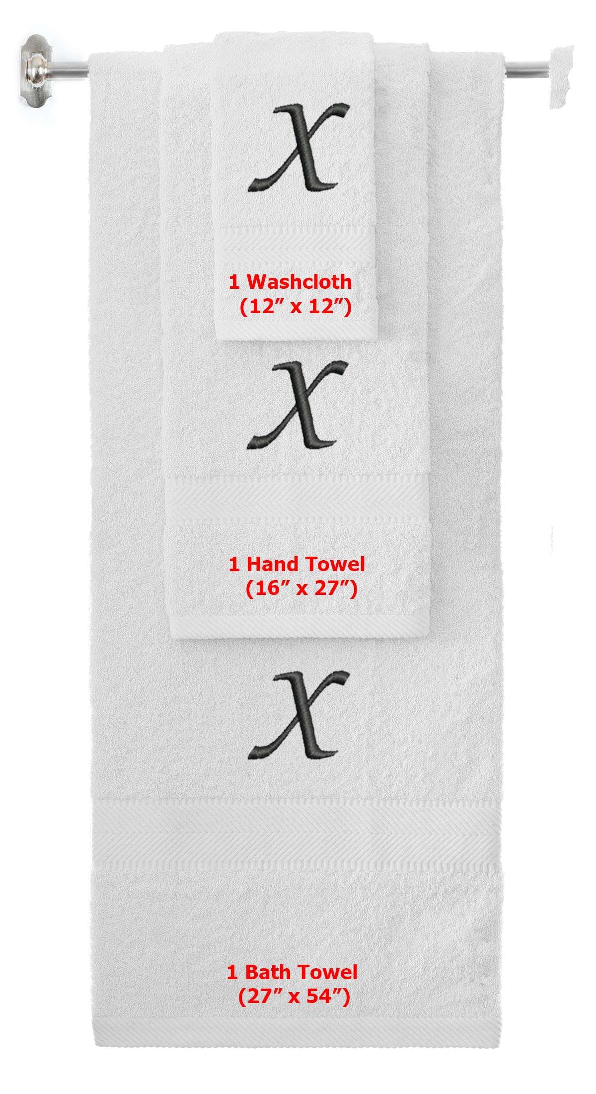 White monogrammed towel set with Black thread, Chancery font, initial X - 540 GSM cotton 3-piece