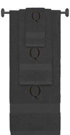 Charcoal monogrammed towel set with Black thread, Times New Roman font, initial Q - 540 GSM cotton 3-piece