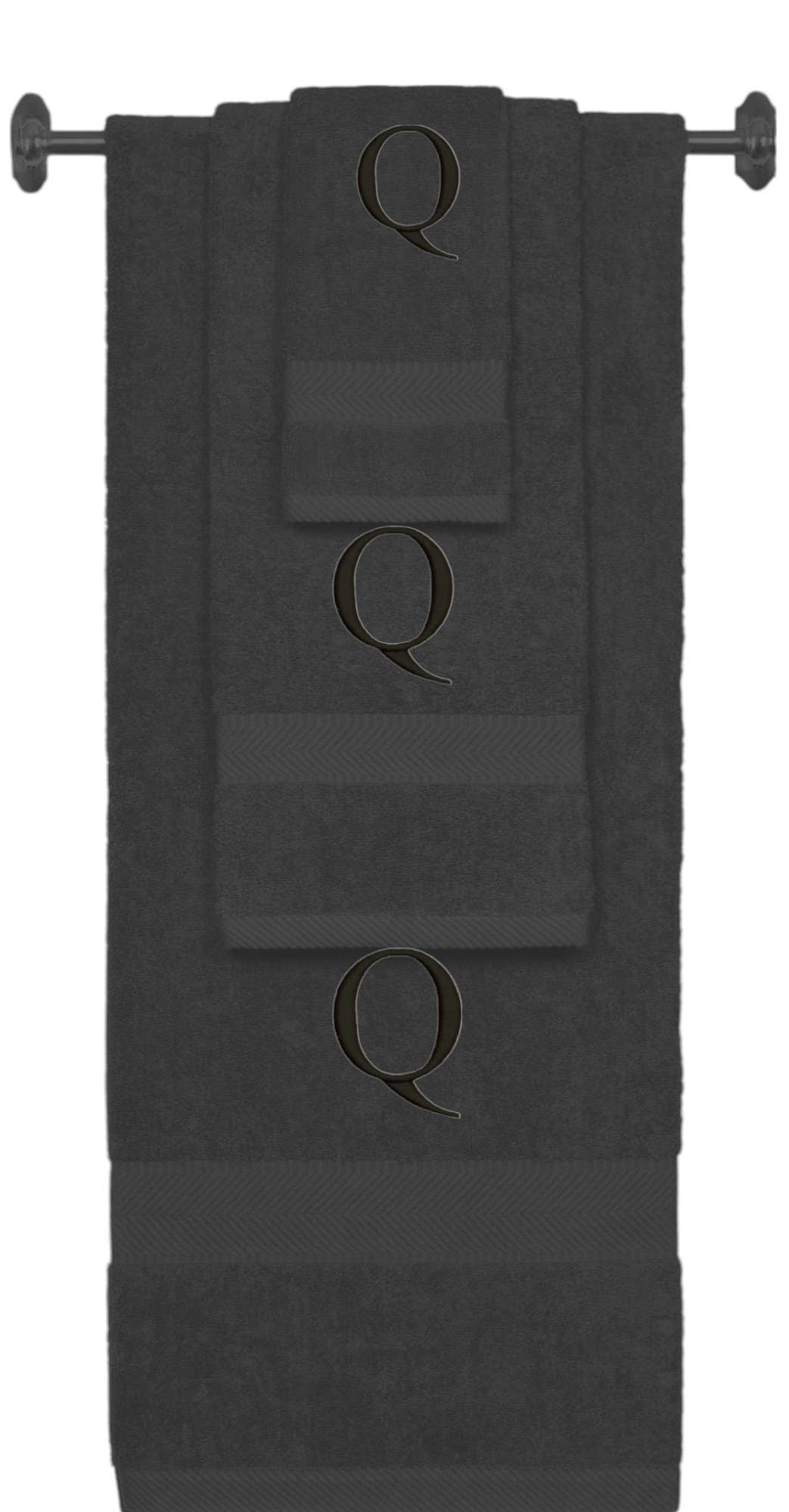 Charcoal monogrammed towel set with Black thread, Times New Roman font, initial Q - 540 GSM cotton 3-piece