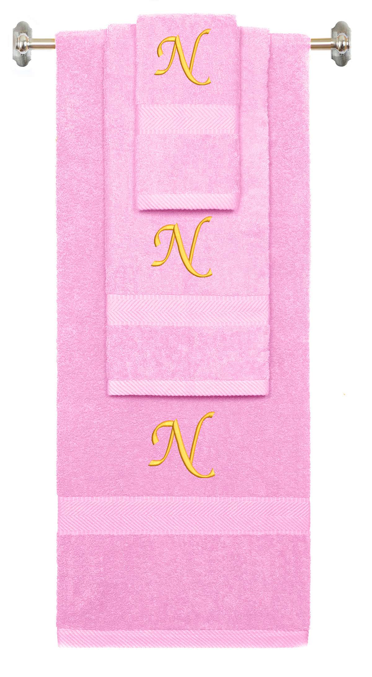 Pink monogrammed towel set with Gold thread, Chancery font, initial N - 540 GSM cotton 3-piece