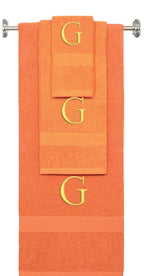 Orange monogrammed towel set with Gold thread, Times New Roman font, initial G - 540 GSM cotton 3-piece