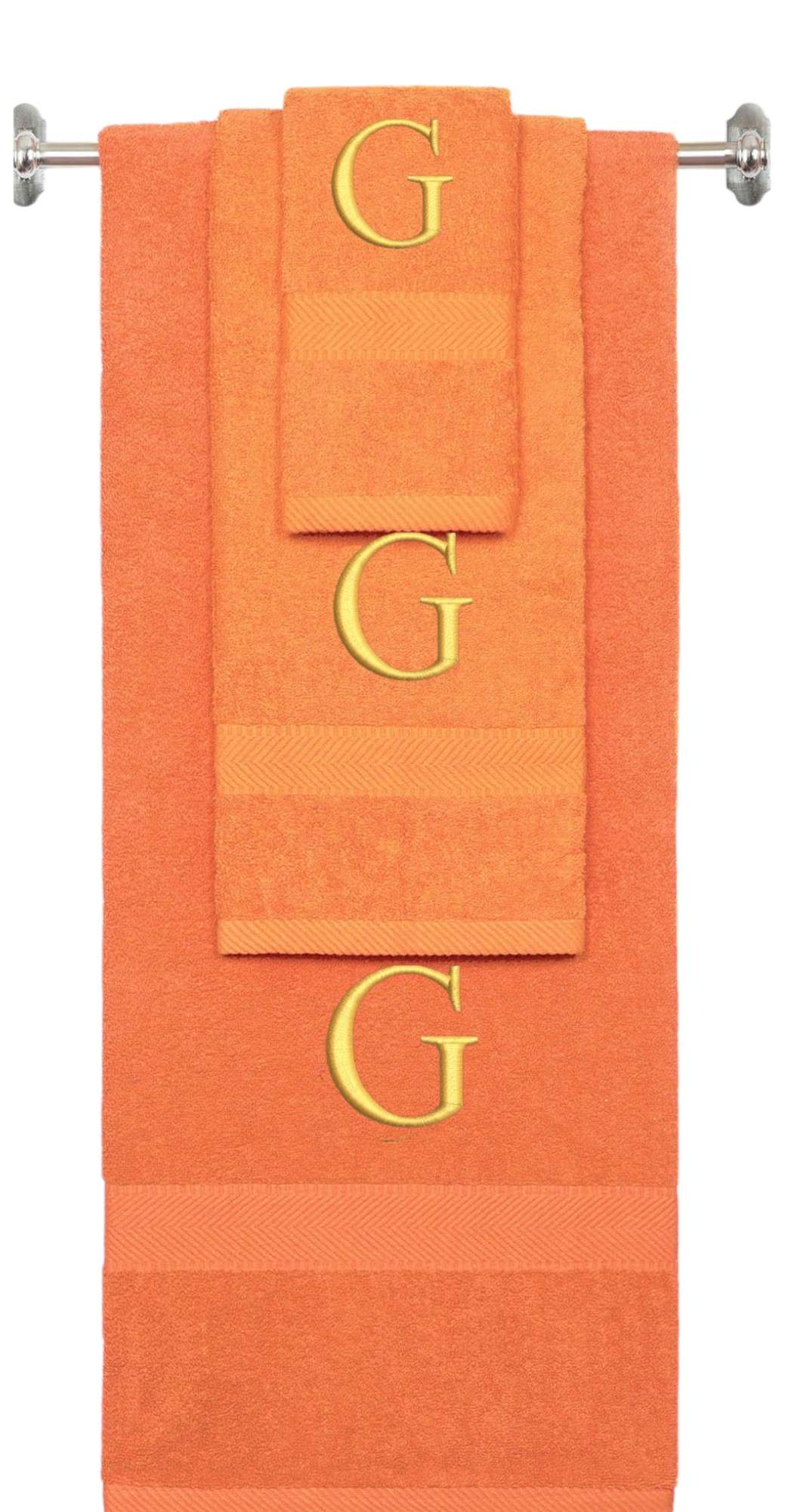 Orange monogrammed towel set with Gold thread, Times New Roman font, initial G - 540 GSM cotton 3-piece