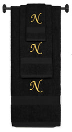 Black monogrammed towel set with Gold thread, Chancery font, initial N - 540 GSM cotton 3-piece