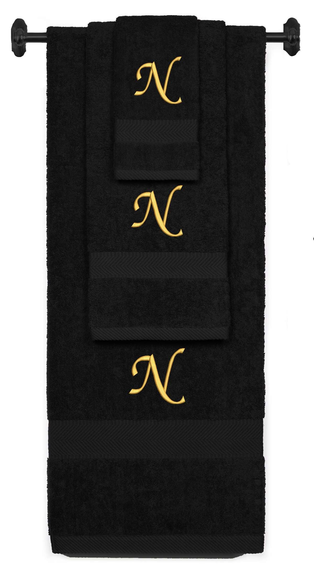 Black monogrammed towel set with Gold thread, Chancery font, initial N - 540 GSM cotton 3-piece