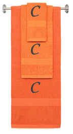 Orange monogrammed towel set with Black thread, Chancery font, initial C - 540 GSM cotton 3-piece