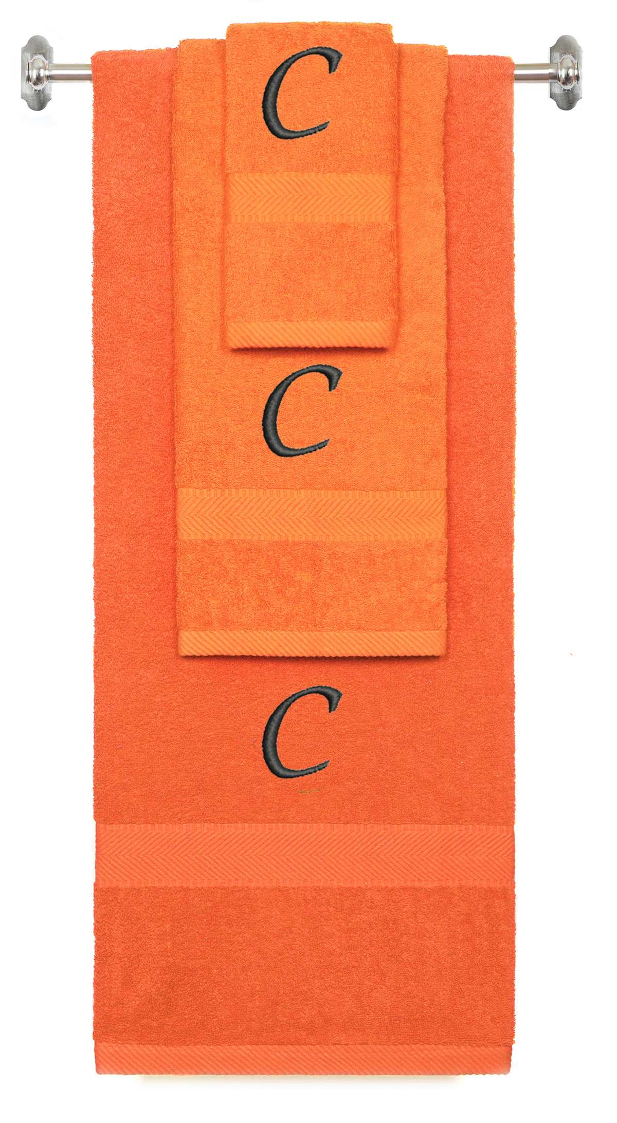 Orange monogrammed towel set with Black thread, Chancery font, initial C - 540 GSM cotton 3-piece