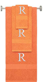 Orange monogrammed towel set with Silver thread, Times New Roman font, initial R - 540 GSM cotton 3-piece