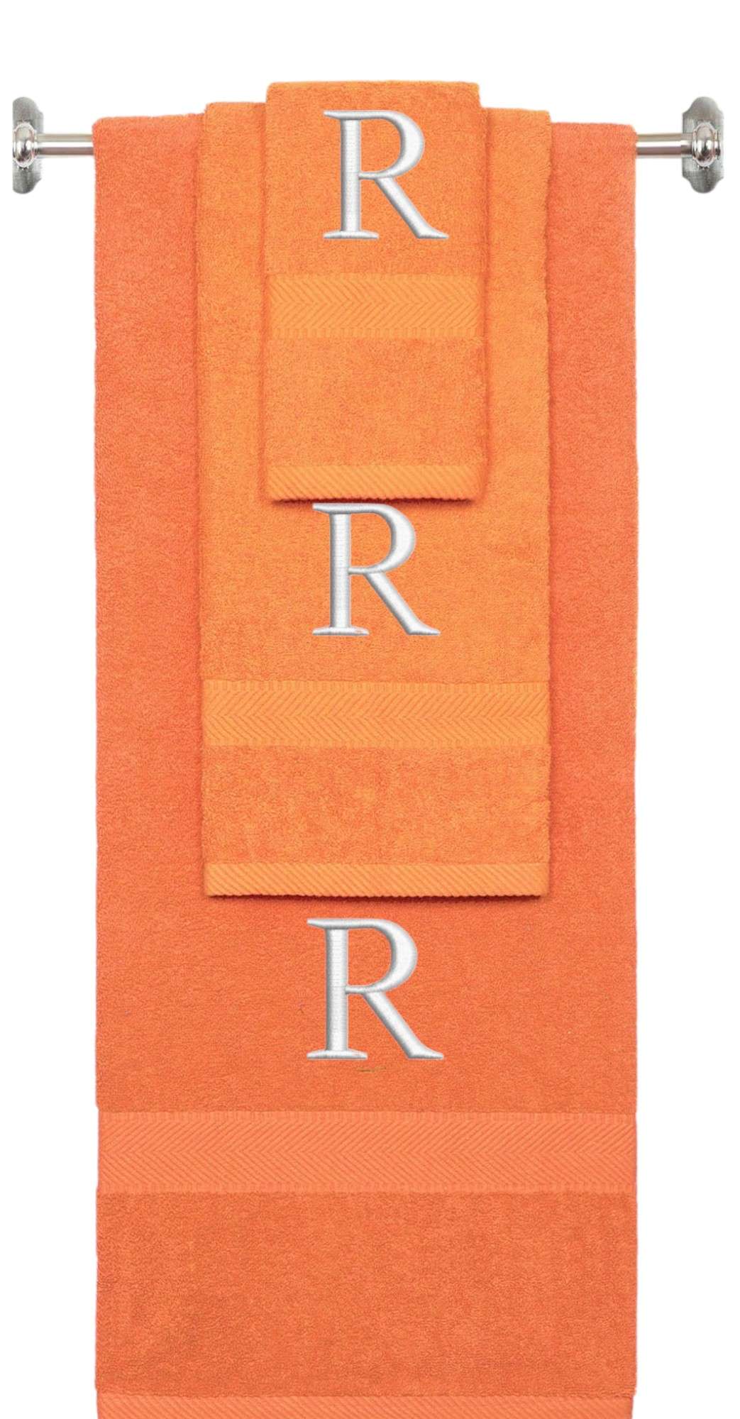 Orange monogrammed towel set with Silver thread, Times New Roman font, initial R - 540 GSM cotton 3-piece