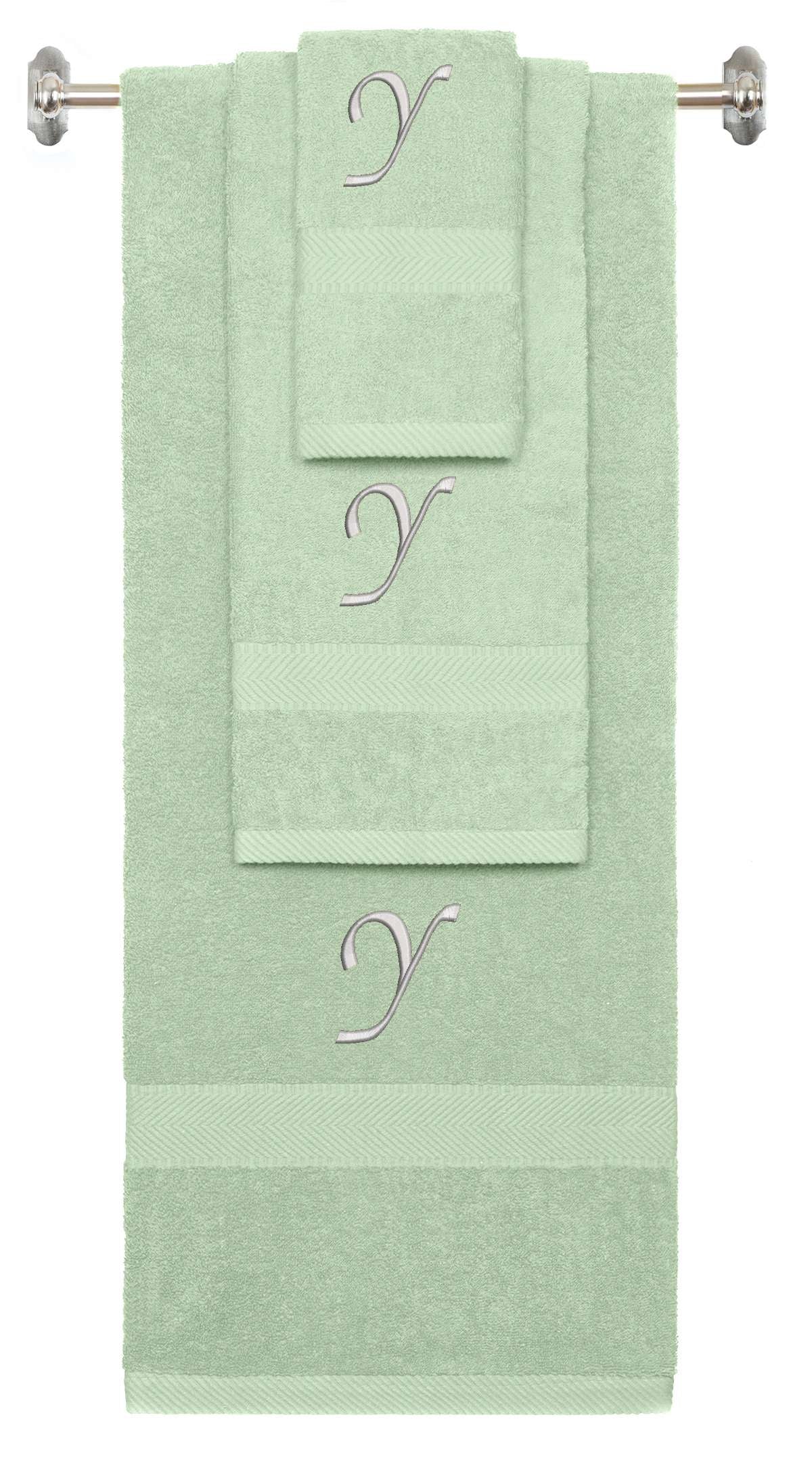 Mint Green monogrammed towel set with Silver thread, Chancery font, initial Y - 540 GSM cotton 3-piece