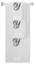White monogrammed towel set with Black thread, Diana Script font, initial Y - 540 GSM cotton 3-piece