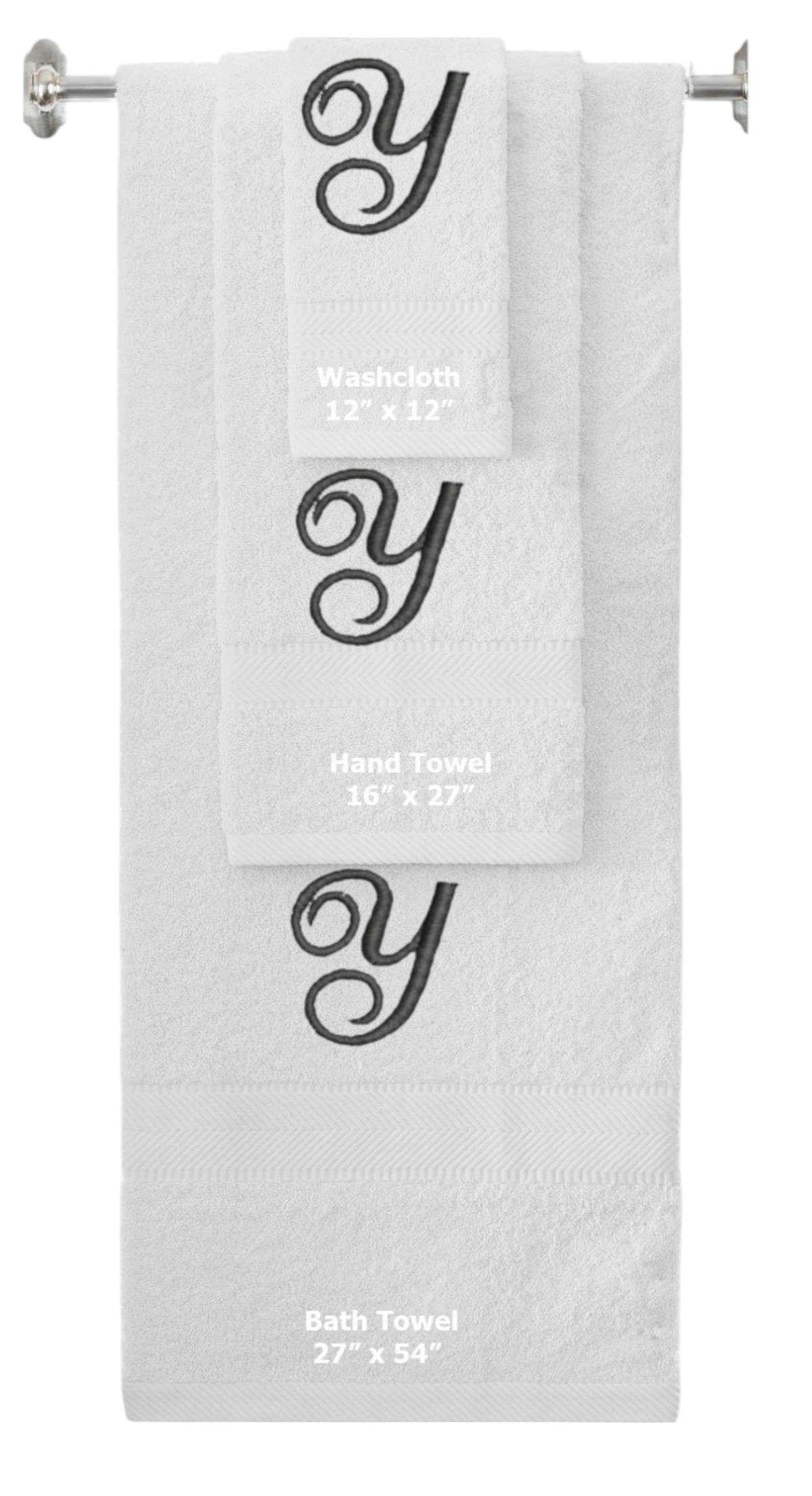 White monogrammed towel set with Black thread, Diana Script font, initial Y - 540 GSM cotton 3-piece