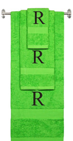 Lime monogrammed towel set with Black thread, Times New Roman font, initial R - 540 GSM cotton 3-piece