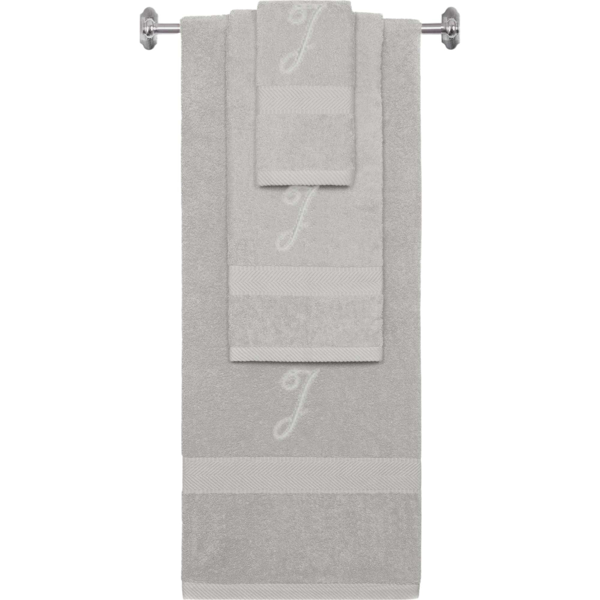 Silver monogrammed towel set with Silver thread, Diana Script font, initial J - 540 GSM cotton 3-piece