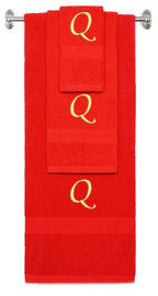 Red monogrammed towel set with Gold thread, Chancery font, initial Q - 540 GSM cotton 3-piece