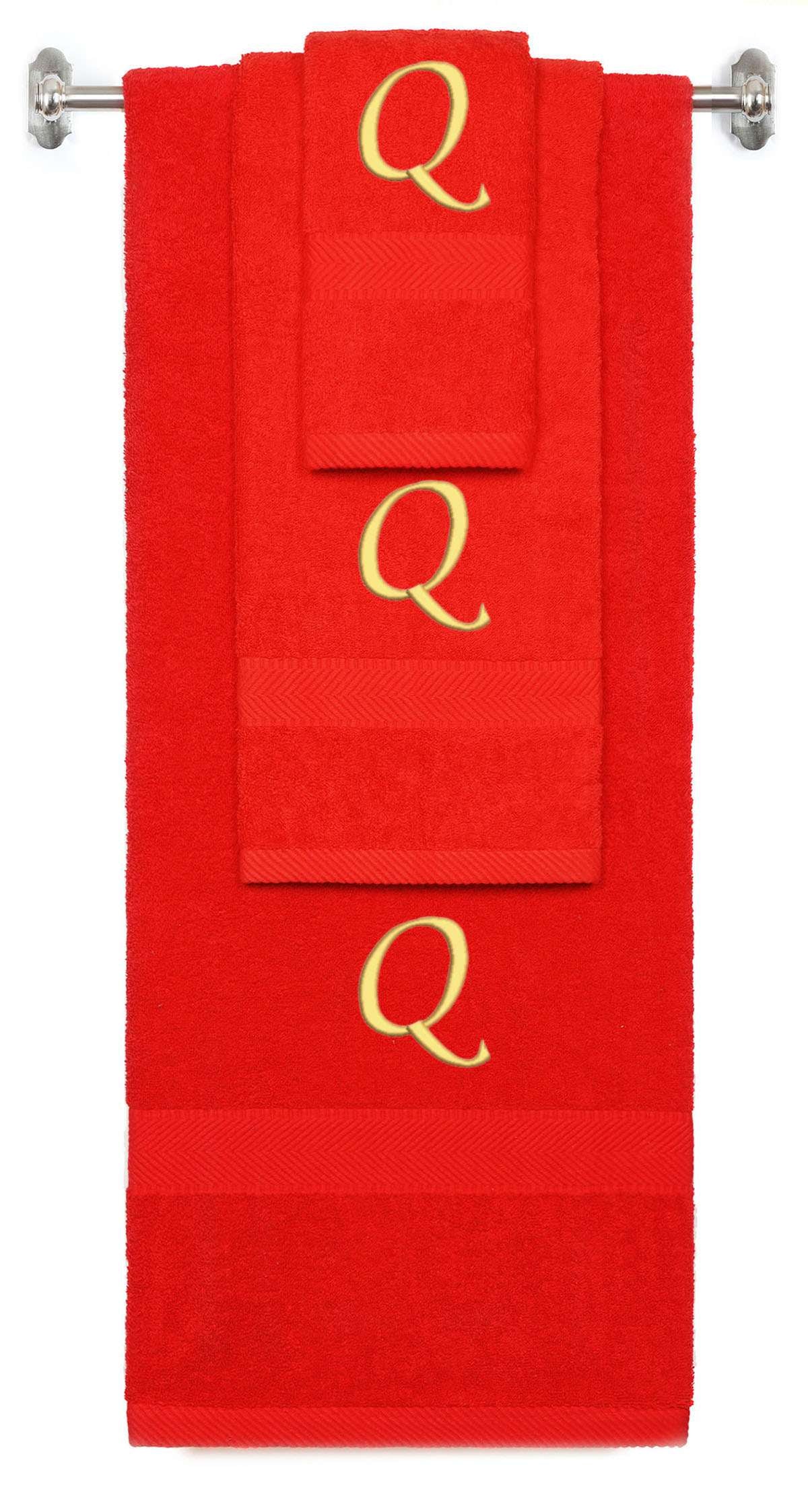 Red monogrammed towel set with Gold thread, Chancery font, initial Q - 540 GSM cotton 3-piece