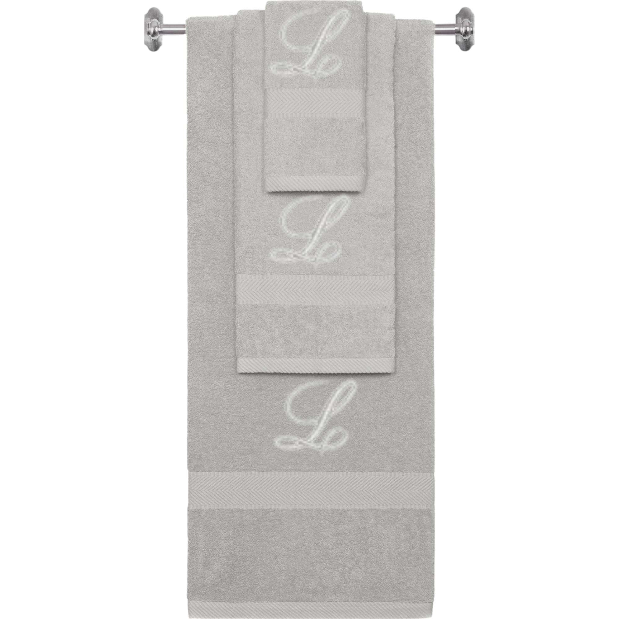 Silver monogrammed towel set with Silver thread, Diana Script font, initial L - 540 GSM cotton 3-piece