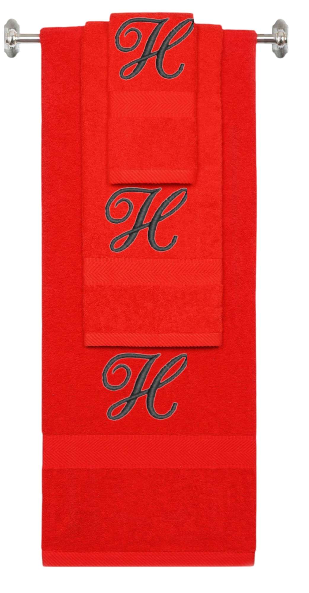 Red monogrammed towel set with Black thread, Diana Script font, initial H - 540 GSM cotton 3-piece