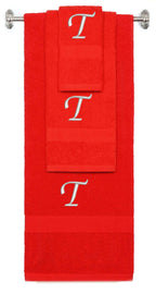 Red monogrammed towel set with Silver thread, Chancery font, initial T - 540 GSM cotton 3-piece