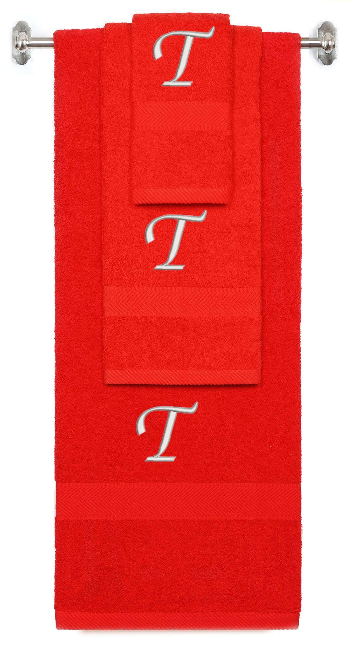 Red monogrammed towel set with Silver thread, Chancery font, initial T - 540 GSM cotton 3-piece