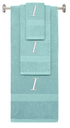 Nautical Teal monogrammed towel set with White thread, Chancery font, initial I - 540 GSM cotton 3-piece