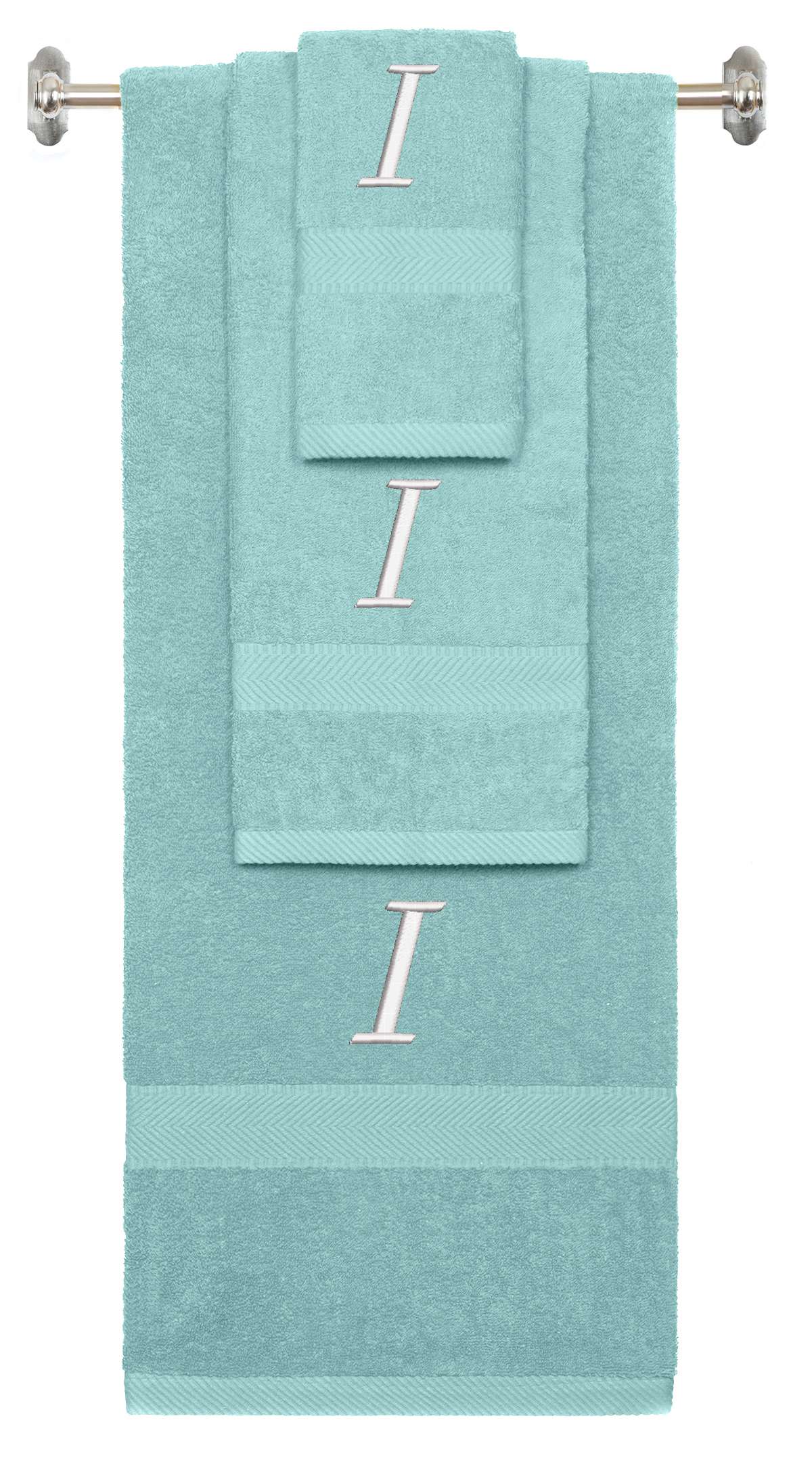 Nautical Teal monogrammed towel set with White thread, Chancery font, initial I - 540 GSM cotton 3-piece