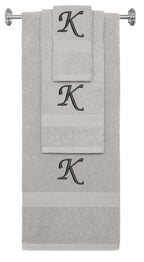 Silver monogrammed towel set with Black thread, Chancery font, initial K - 540 GSM cotton 3-piece