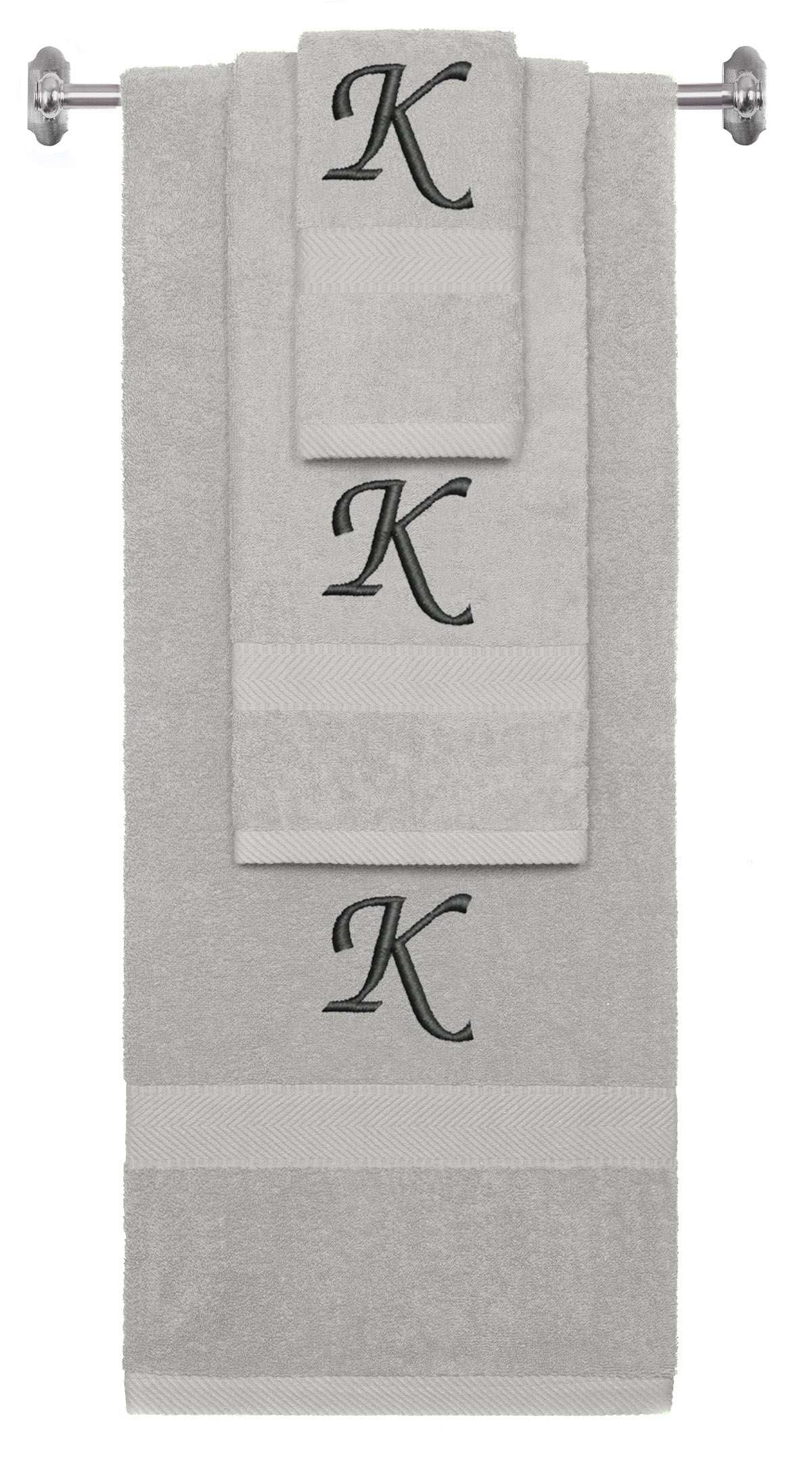 Silver monogrammed towel set with Black thread, Chancery font, initial K - 540 GSM cotton 3-piece