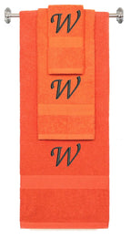 Orange monogrammed towel set with Black thread, Chancery font, initial W - 540 GSM cotton 3-piece
