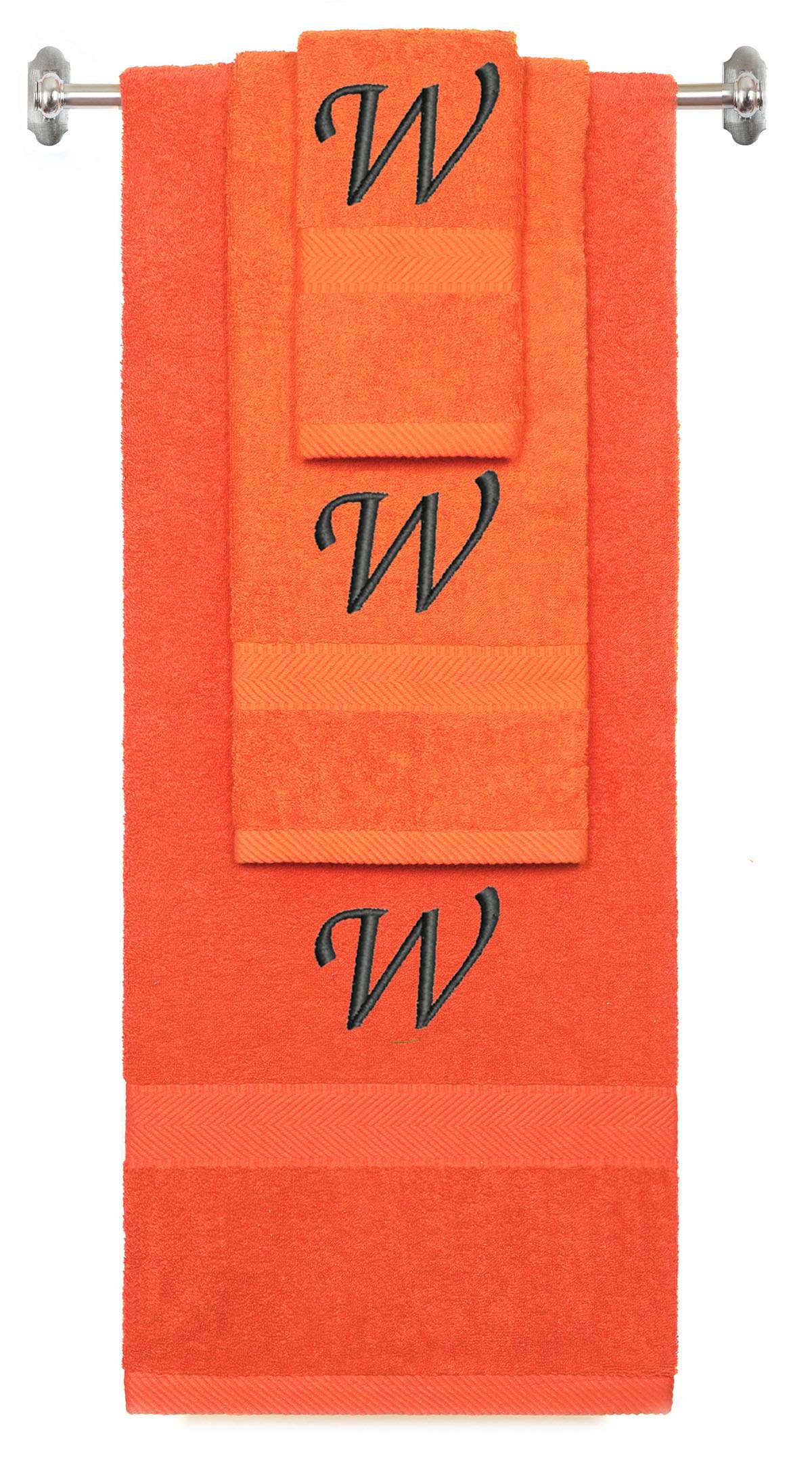 Orange monogrammed towel set with Black thread, Chancery font, initial W - 540 GSM cotton 3-piece