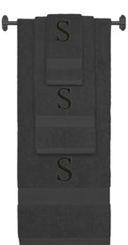 Charcoal monogrammed towel set with Black thread, Times New Roman font, initial S - 540 GSM cotton 3-piece