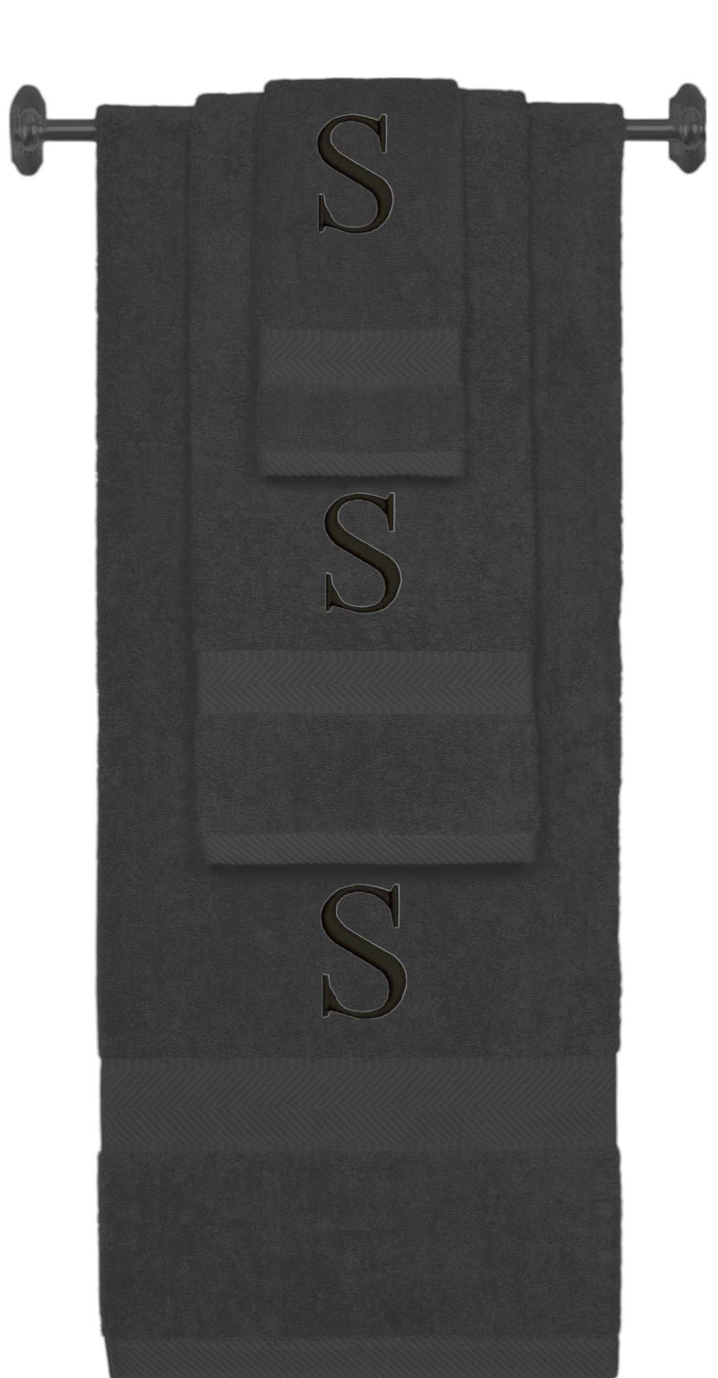 Charcoal monogrammed towel set with Black thread, Times New Roman font, initial S - 540 GSM cotton 3-piece