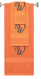 Orange monogrammed towel set with Black thread, Diana Script font, initial W - 540 GSM cotton 3-piece