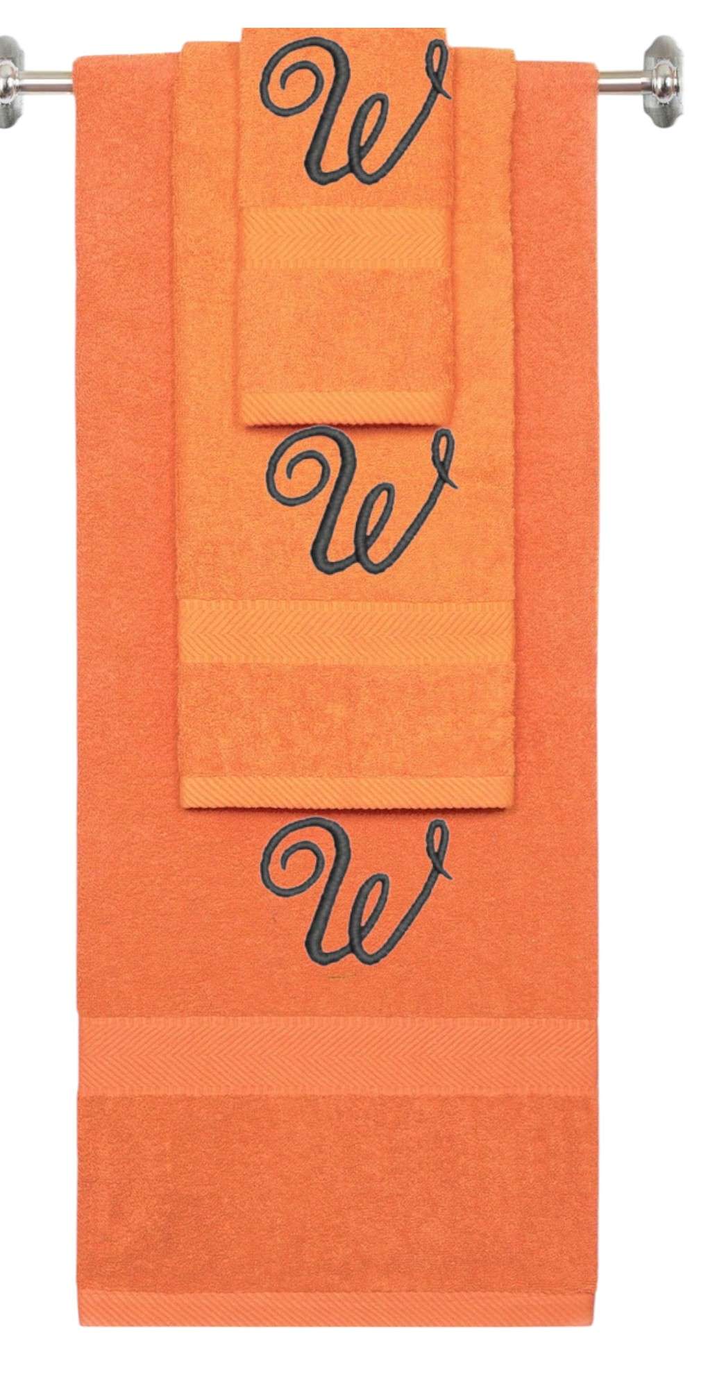 Orange monogrammed towel set with Black thread, Diana Script font, initial W - 540 GSM cotton 3-piece