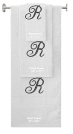 White monogrammed towel set with Black thread, Diana Script font, initial R - 540 GSM cotton 3-piece