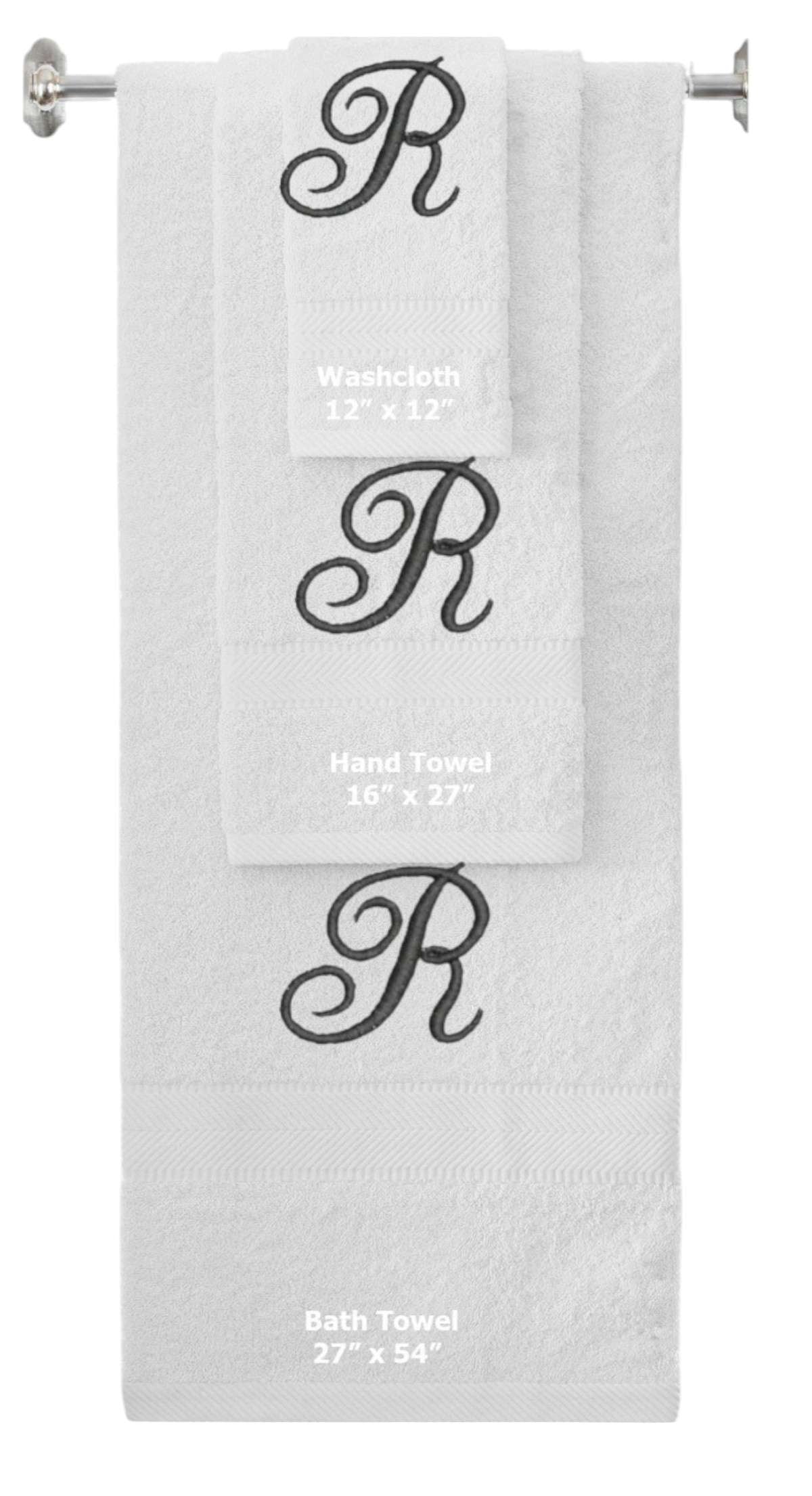 White monogrammed towel set with Black thread, Diana Script font, initial R - 540 GSM cotton 3-piece
