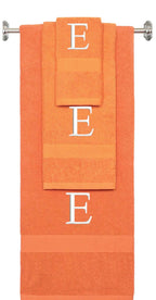 Orange monogrammed towel set with White thread, Times New Roman font, initial E - 540 GSM cotton 3-piece