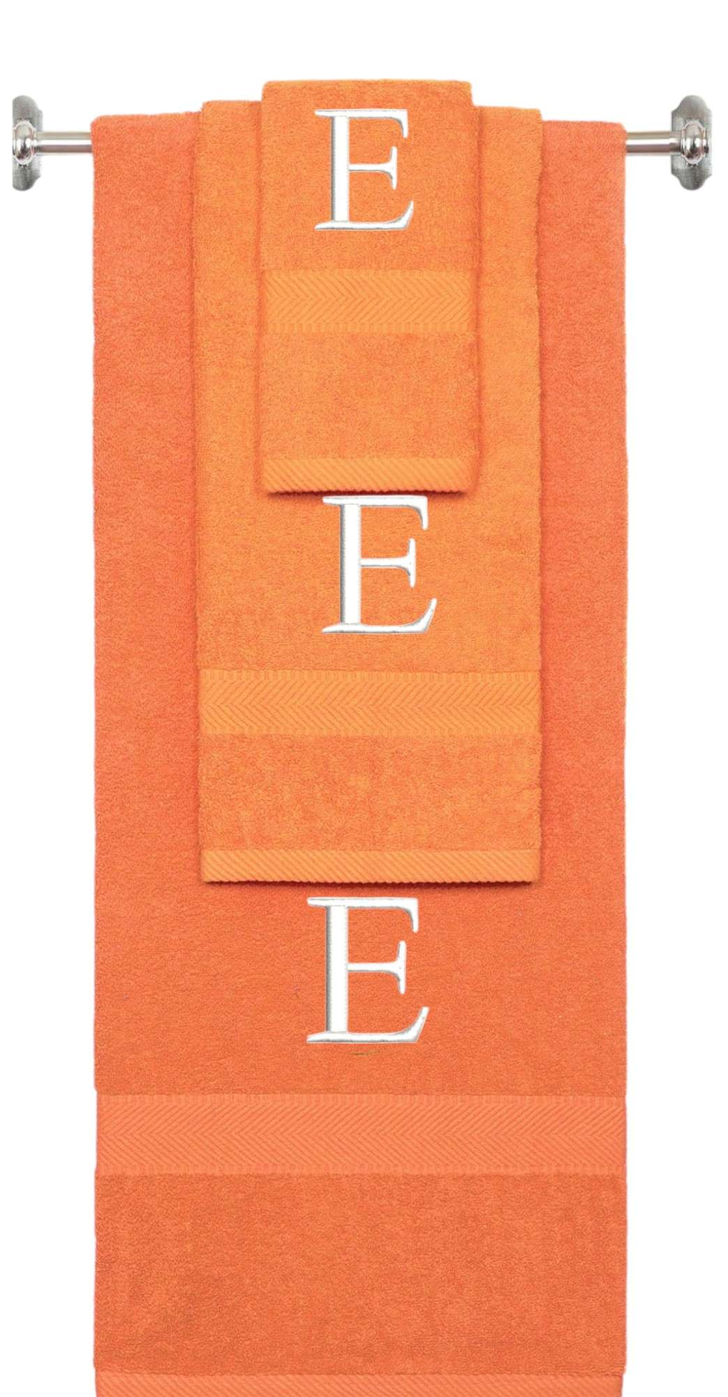 Orange monogrammed towel set with White thread, Times New Roman font, initial E - 540 GSM cotton 3-piece