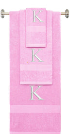Pink monogrammed towel set with White thread, Times New Roman font, initial K - 540 GSM cotton 3-piece