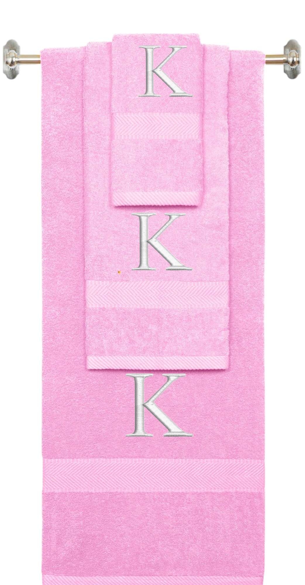 Pink monogrammed towel set with White thread, Times New Roman font, initial K - 540 GSM cotton 3-piece