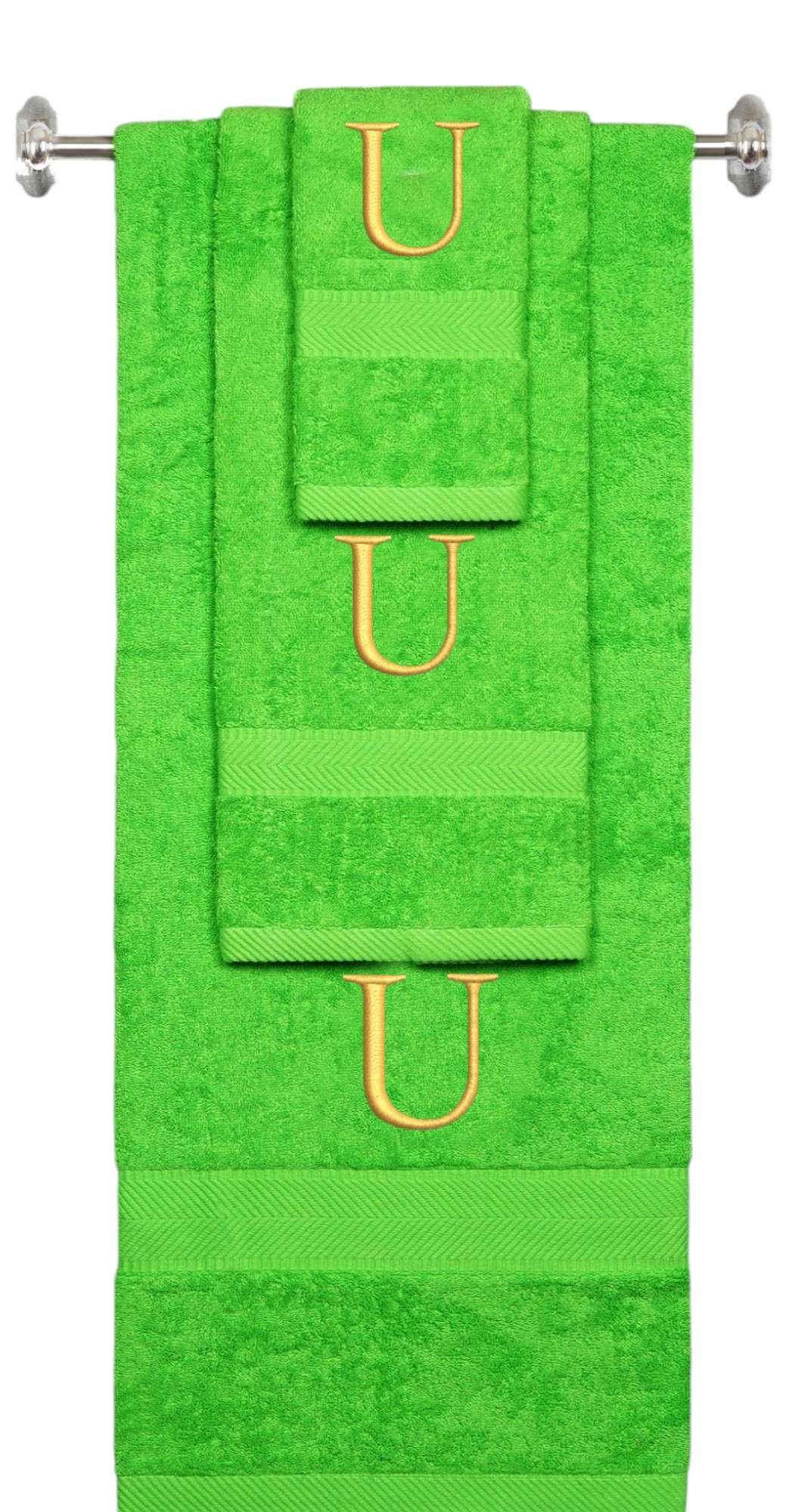 Lime monogrammed towel set with Gold thread, Times New Roman font, initial U - 540 GSM cotton 3-piece