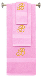 Pink monogrammed towel set with Gold thread, Diana Script font, initial B - 540 GSM cotton 3-piece