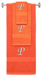 Orange monogrammed towel set with Silver thread, Chancery font, initial P - 540 GSM cotton 3-piece