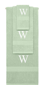 Mint Green monogrammed towel set with White thread, Times New Roman font, initial W - 540 GSM cotton 3-piece
