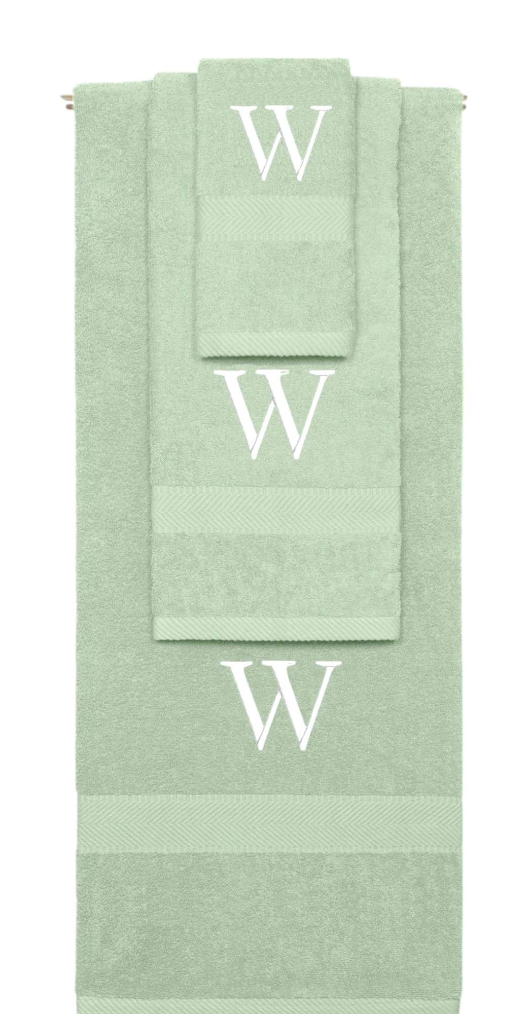 Mint Green monogrammed towel set with White thread, Times New Roman font, initial W - 540 GSM cotton 3-piece