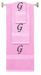 Pink monogrammed towel set with Black thread, Chancery font, initial G - 540 GSM cotton 3-piece